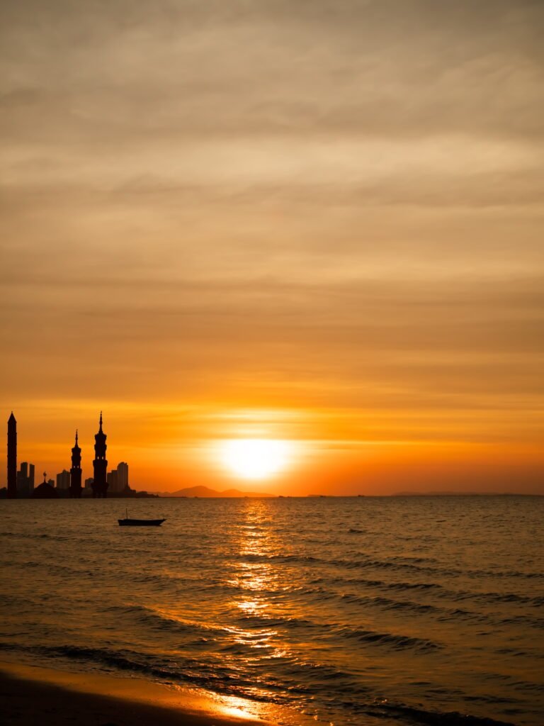 Islamic Architecture Background,Mosques Dome with Golden Evening Sky Dark Black